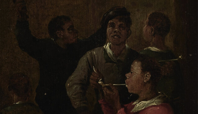 Unidentified Dutch artist, Black Youths Smoking in a Tavern (detail), ca. 1630–1640, oil on panel, 35.7 x 26.2 x 0.5 cm. The Walters Art Museum, Baltimore, museum purchase, 2019, acc. no. 37.2941